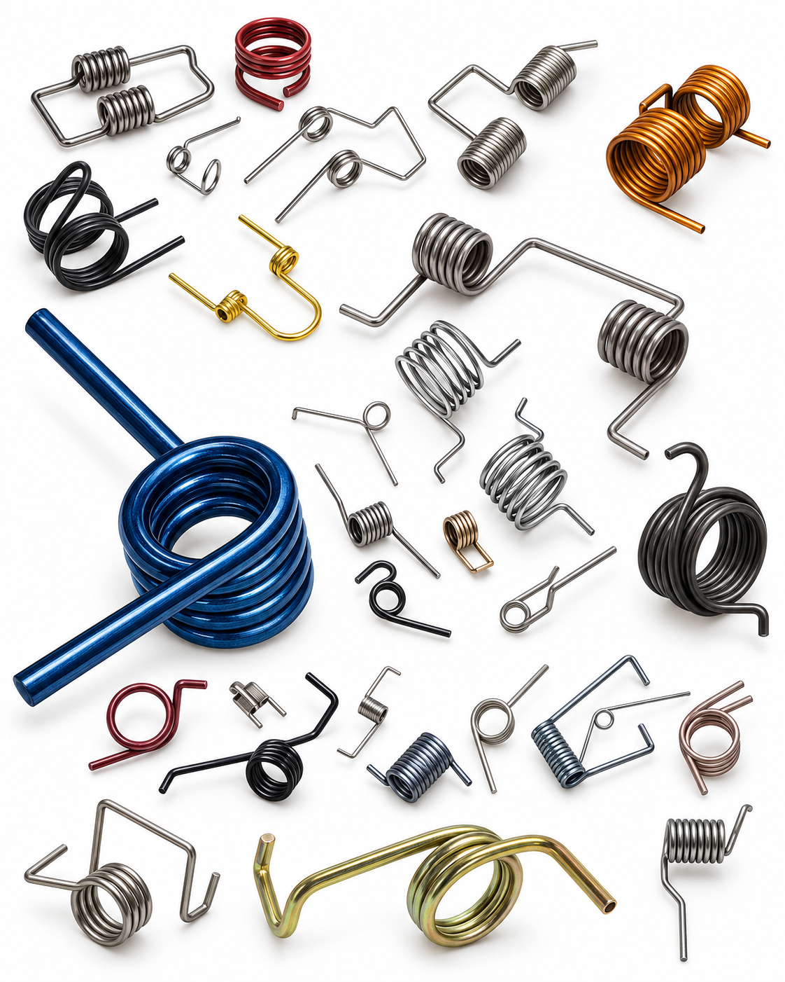 Colección de resortes industriales de diferentes formas y acabados